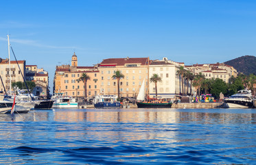 Fototapeta na wymiar Ajaccio port. Cityscape with moored yachts