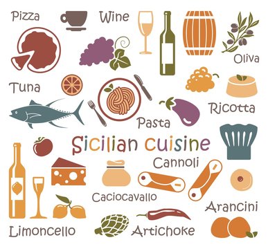Sicilian cuisine. Set of icons of food and products