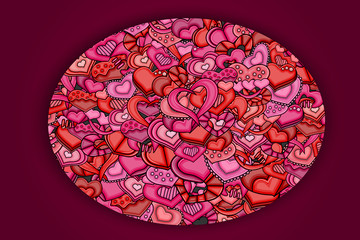 Love hearts hand drawn cartoon card. Valentine's day concept. Pink and red vector illustration.