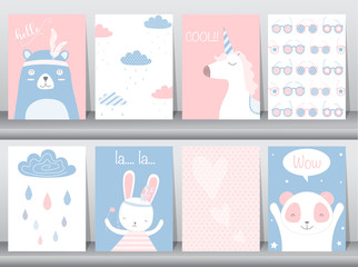 Fototapeta na wymiar Set of cute animals poster,template,cards,bear,rabbit,Vector illustrations 