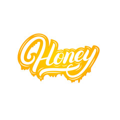 Honey hand written lettering logo, label, badge, emblem with streaks and sprays.