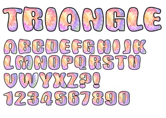 Alphabet in pastel triangle texture design, uppercase letters, numbers, question and exclamation mark