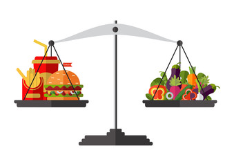 Vector. Flat design. Concept of weight loss, healthy lifestyles, diet, proper nutrition. Vegetables and fast food on scales
