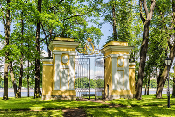 Gate in the Palace Garden of the Kamennoostrovsky Palace on Kamenny Island in St. Petersburg with...