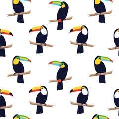 Seamless tropical pattern with toucans on white background. Vector illustration