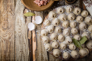 Dumplings with meat in process of cooking. Ingredients for cooking. Traditional russian and ukrainian food.