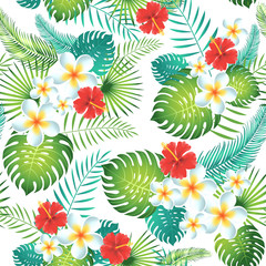 Tropical seamless pattern with exotic leaves and flowers. Vector illustration