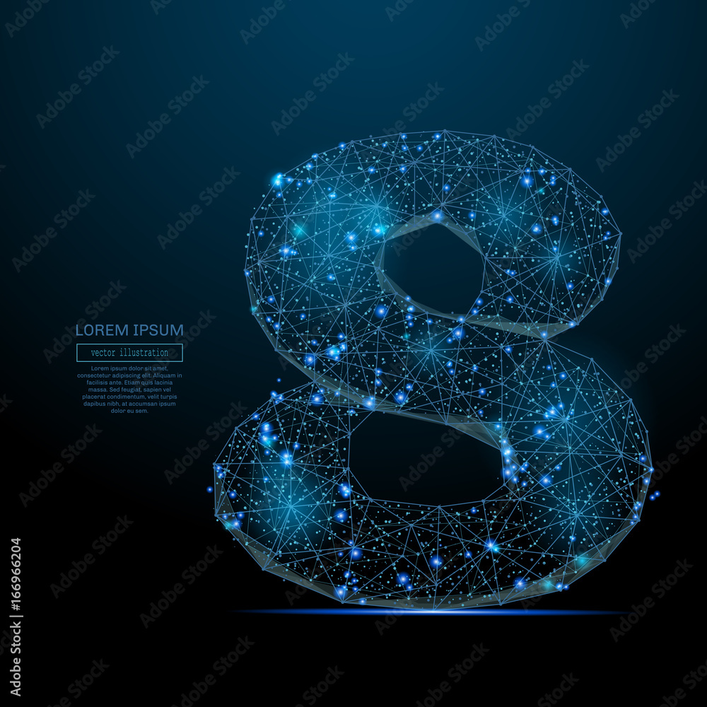 Leinwandbilder Abstract image of a number eight in the form of a starry sky or space, consisting of points, lines, and shapes in the form of planets, stars and the universe. Vector digit 8 wireframe concept.