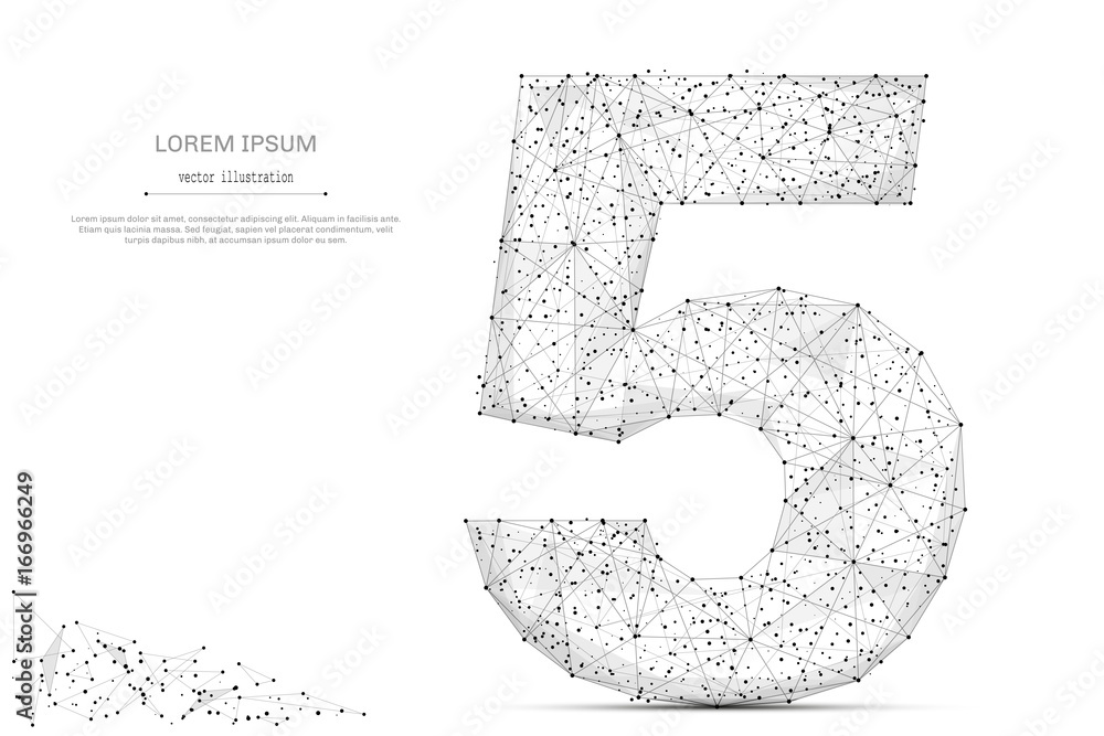 Fototapete Abstract mash line and point number five on white background with an inscription. Starry sky or space, consisting of stars and the universe. Vector digit 5 illustration