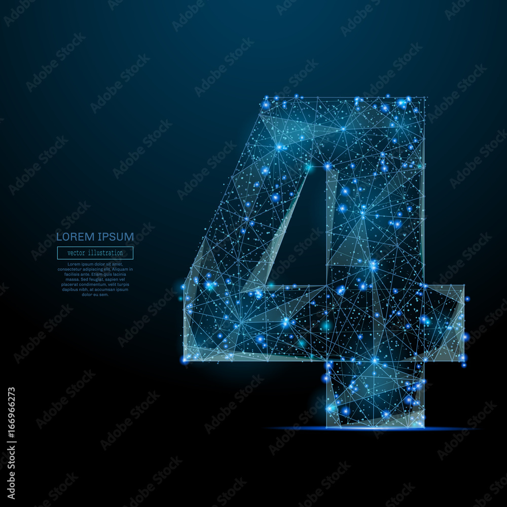 Fototapete Abstract image of a number four in the form of a starry sky or space, consisting of points, lines, and shapes in the form of planets, stars and the universe. Vector digit 4 wireframe concept.