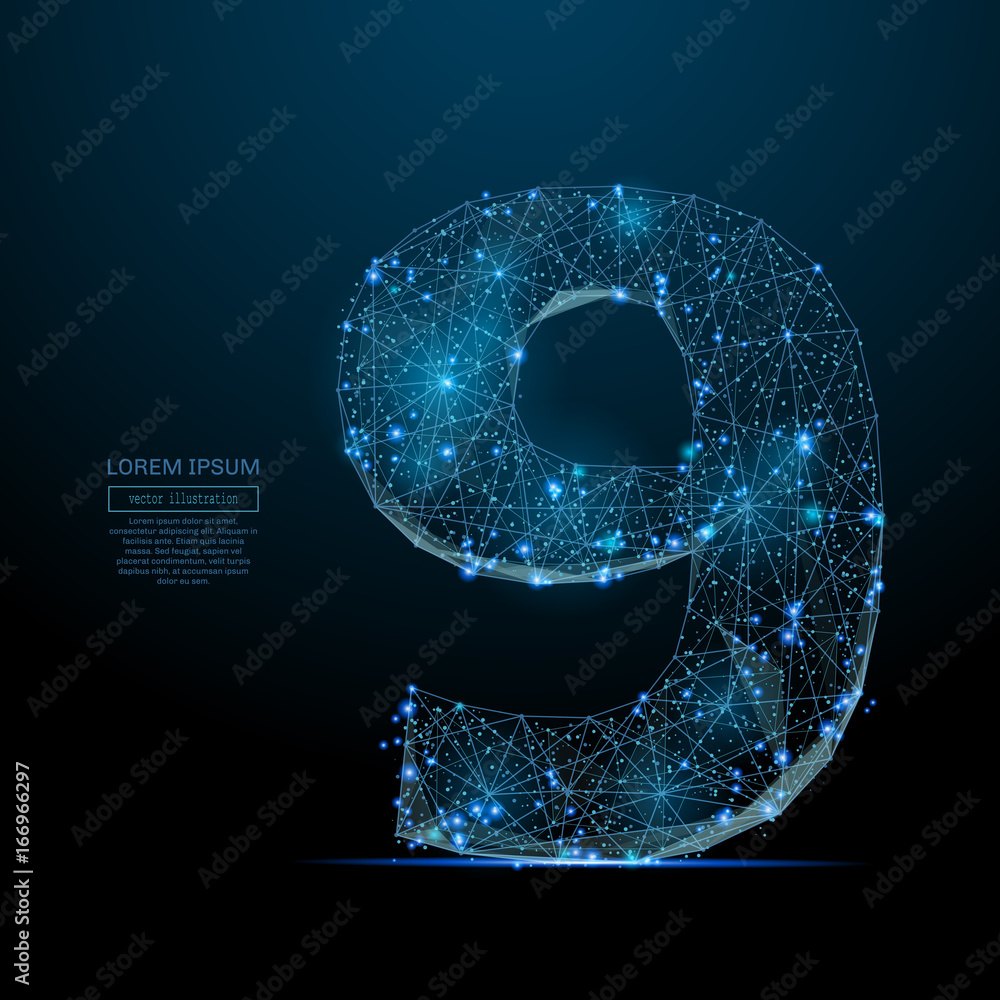 Leinwandbilder Abstract image of a number nine in the form of a starry sky or space, consisting of points, lines, and shapes in the form of planets, stars and the universe. Vector digit 9 wireframe concept.