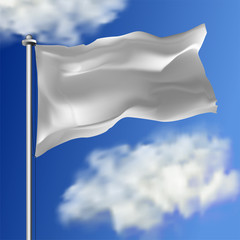Fototapeta na wymiar Clean white horizontal waving flag, isolated on sky background. Realistic vector flag mockup. Template for business.