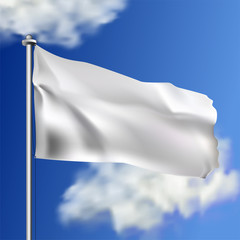 Fototapeta na wymiar Clean white horizontal waving flag, isolated on sky background. Realistic vector flag mockup. Template for business.