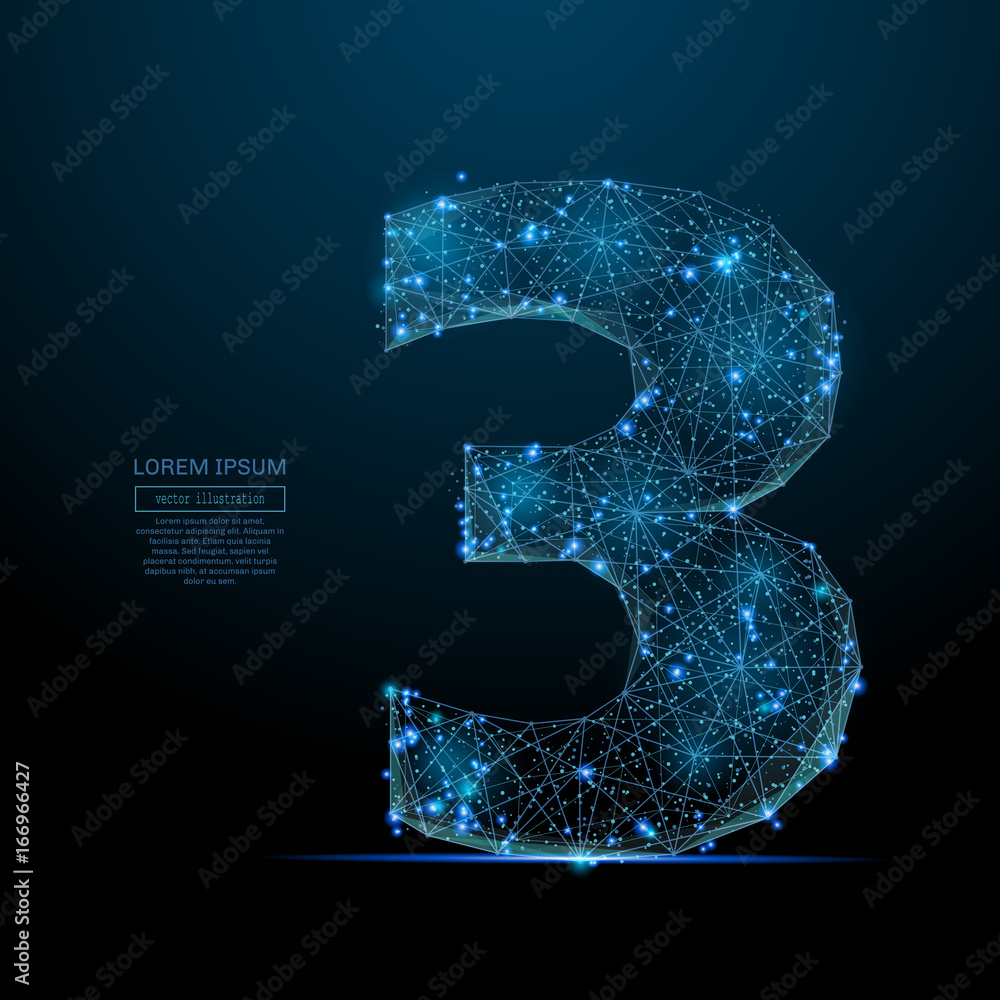 Poster Abstract image of a number three in the form of a starry sky or space, consisting of points, lines, and shapes in the form of planets, stars and the universe. Vector digit 3 wireframe concept.