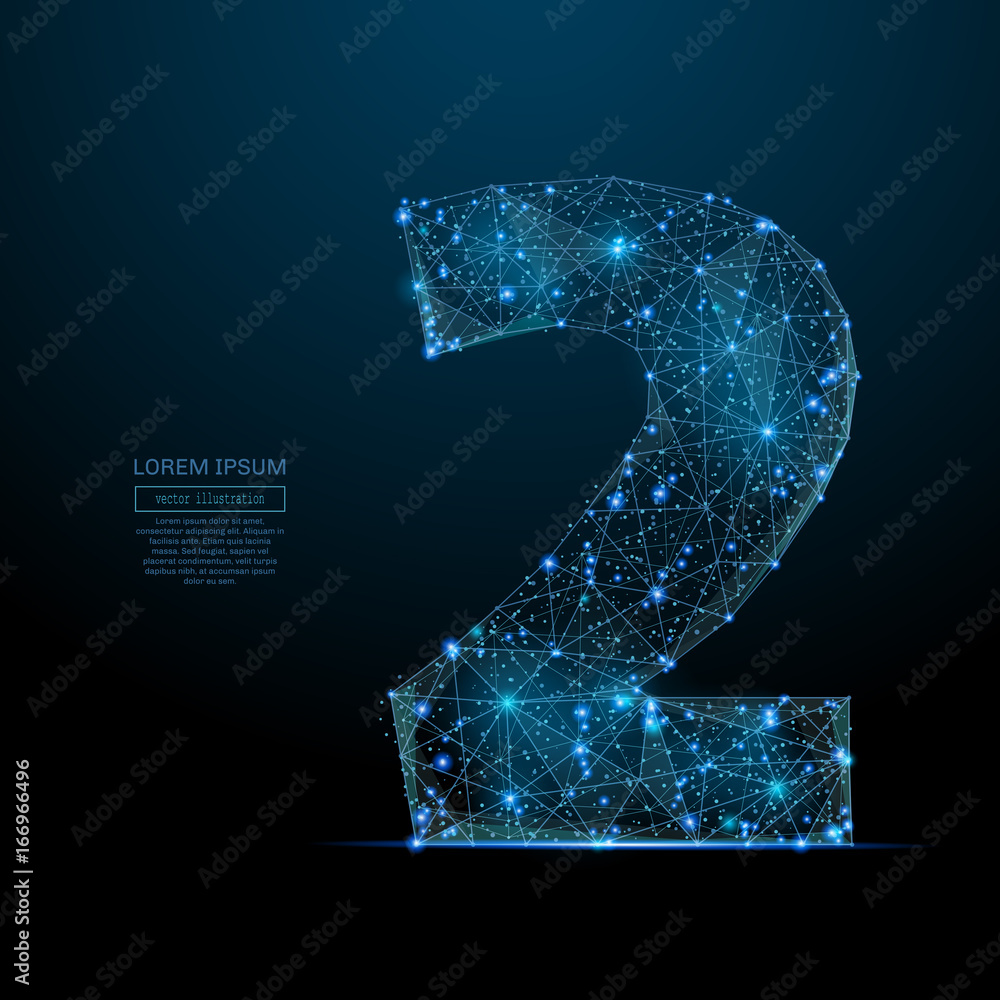 Poster Abstract image of a number two in the form of a starry sky or space, consisting of points, lines, and shapes in the form of planets, stars and the universe. Vector digit 2 wireframe concept.