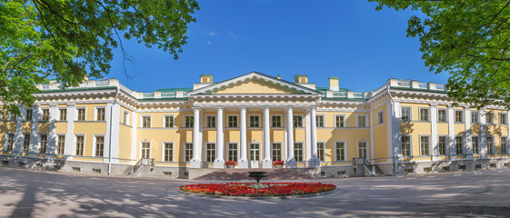 Fototapeta na wymiar Panorama of Kamennoostrovsky Palace is a former imperial country residence on Kamenny Island in St. Petersburg. Currently, it houses the Academy of Talents