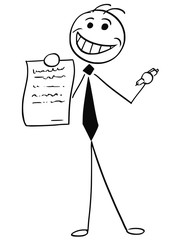 Cartoon Illustration of Smiling Businessman Salesman Offering a Contract or Agreement to Signing