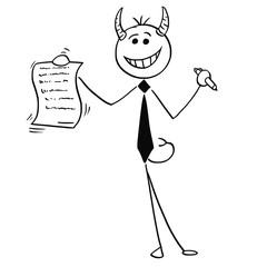 Cartoon Illustration of Smiling Devil Businessman Salesman Offering a Contract or Agreement to Signing