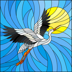 Naklejki  Illustration in stained glass style stork on the background of sky, sun and sun