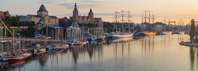 Szczecin, Poland-August 2017:sailing ships at the wharf in Szczecin, Tall Ships Races 2017,panorama - obrazy, fototapety, plakaty