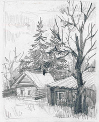 карандашный рисунок, сельский пейзаж с домиком и елками