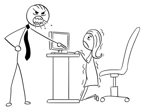 Cartoon Illustration of Angry Boss Manager Screaming at Businesswoman or Female Clerk Employee