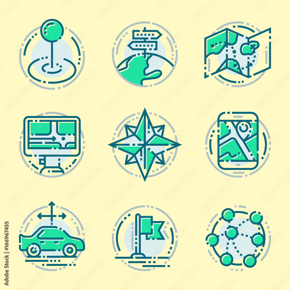 Poster navigation direction maps sign traffic and more thin line icons set vector illustration