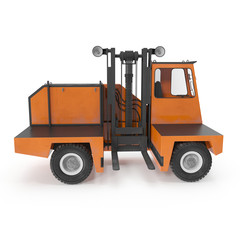 Side Loading Orange Forklift Truck isolated on white. Side view. 3D Illustration