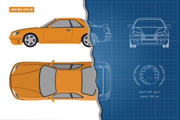 Drawing of the car on a blue background. Top, front and side view. Industrial blueprint of  vehicle. Vector illustration