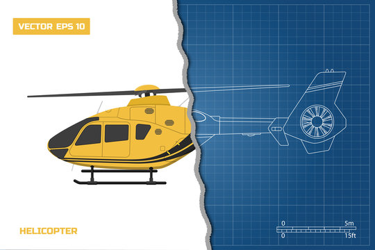 Engineering blueprint of helicopter. Helicopters view: side. Industrial drawing. Vector illustration