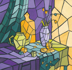 Декоративный натюрморт мозаика, букет и посуда на столе, гармоничное сочетание цветов