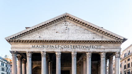 Detail of the latin writings in front of Pantheon in Rome Italy