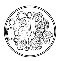 Vector contour illustration english Breakfast on a plate eggs, sausage, tomato, cucumbers, pea, toast on white background.