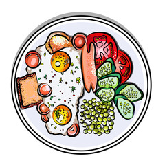 Vector colorful illustration english Breakfast on a plate eggs, sausage, tomato, cucumbers, pea, toast on white background.