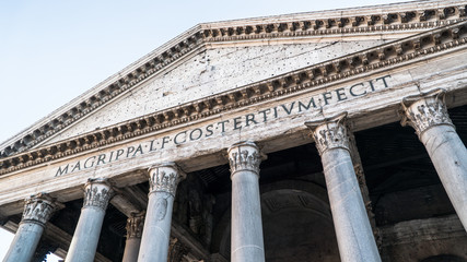 Detail of the latin writings in front of Pantheon in Rome Italy