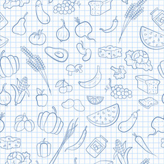 Seamless pattern on the theme of vegetarianism, grocery icons, simple blue  contour  icons on the clean writing-book sheet in a cage