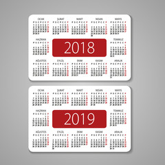 2018 and 2019 years Turkish pocket vector calendar.