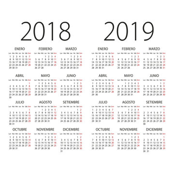 2018 and 2019 years Spanish vector calendar.