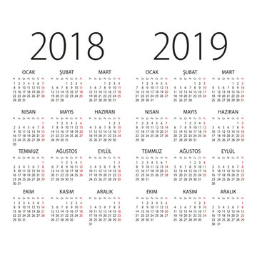 2018 and 2019 years Turkish vector calendar.