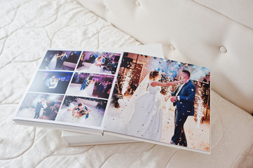 Pages of wedding photobook or wedding album on white background.