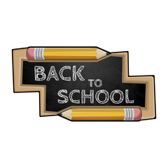 Yellow cartoon pencil. School board with text back to school.