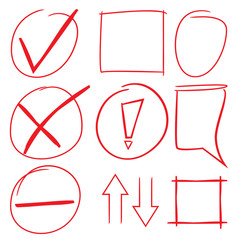 red hand drawn marker set, check mark
