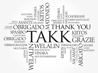 Takk (Thank You in Icelandic) Word Cloud background, all languages, multilingual for education or thanksgiving day