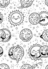 Cute moon practice of yoga. Solar eclipse seamless pattern