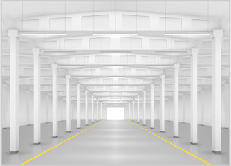 Interior of a large factory or warehouse, logistics center. Industrial building. Vector graphics