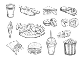 Fastfood dishes with drinks . Vector Hand drawn Isolated vector objects. Hamburger, pizza, hot dog, cheeseburger, coffee and soda cups, ice cream , french fries, popcorn , donuts, rolls, sandwich