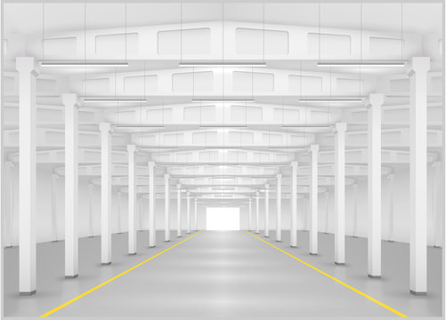 Interior of a large factory or warehouse, logistics center. Industrial building. Vector graphics