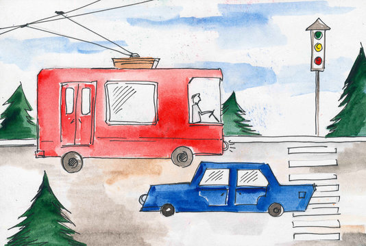 иллюстрация с общественным транспортом, автобус, троллейбус и машина едут по дороге