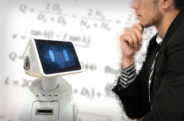 Legal and mathematics calculate robots deployed to help decide thousands of cases. Robot disruption human , artificial intelligence , robot adviser assistant technology concept.