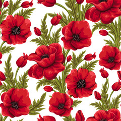 Vector seamless pattern with red poppies. Hand-drawn floral background. 